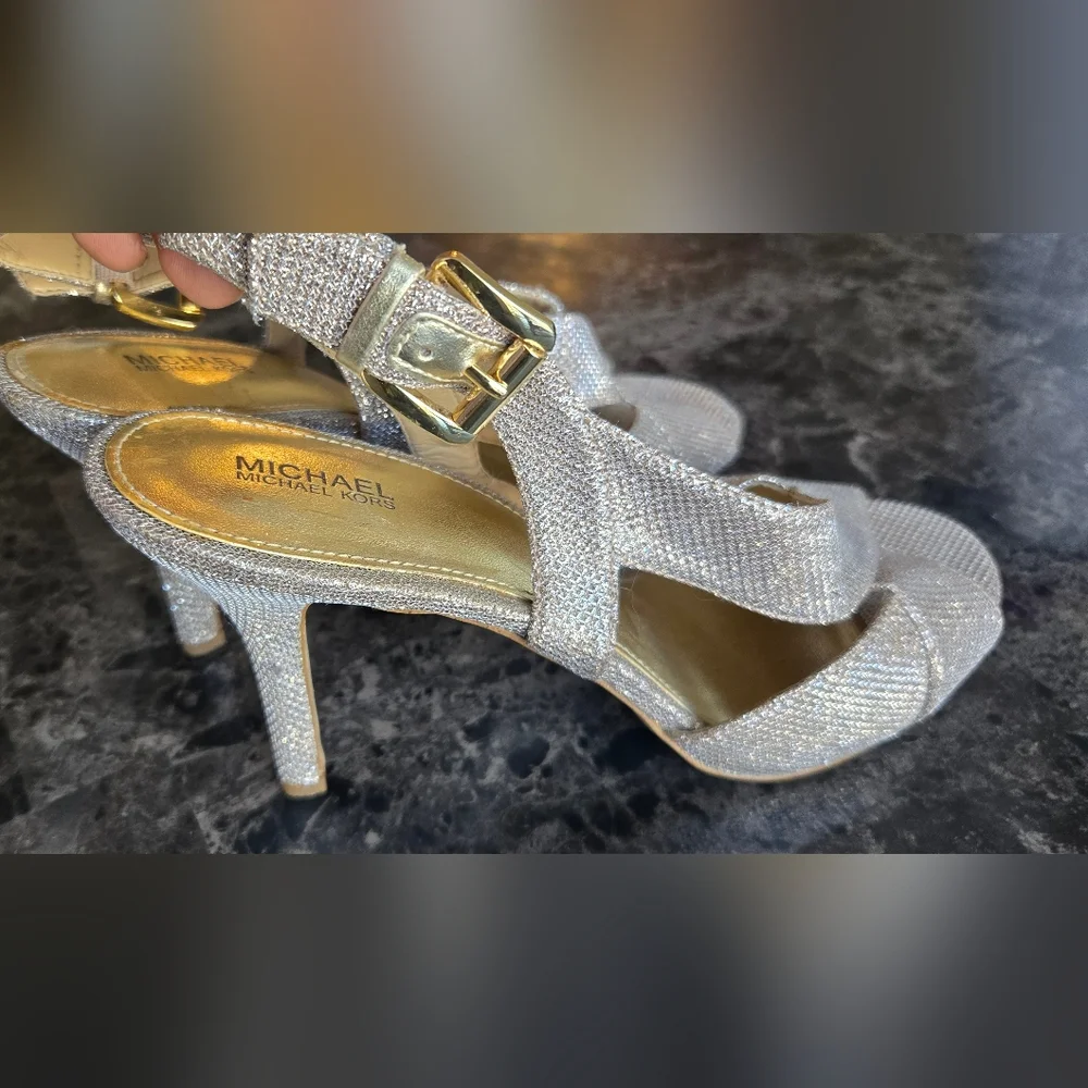 Michael Kors Silver Glitter Strappy Heels ✨ Evening Sandals Sze 1M - Picture 5 of 8